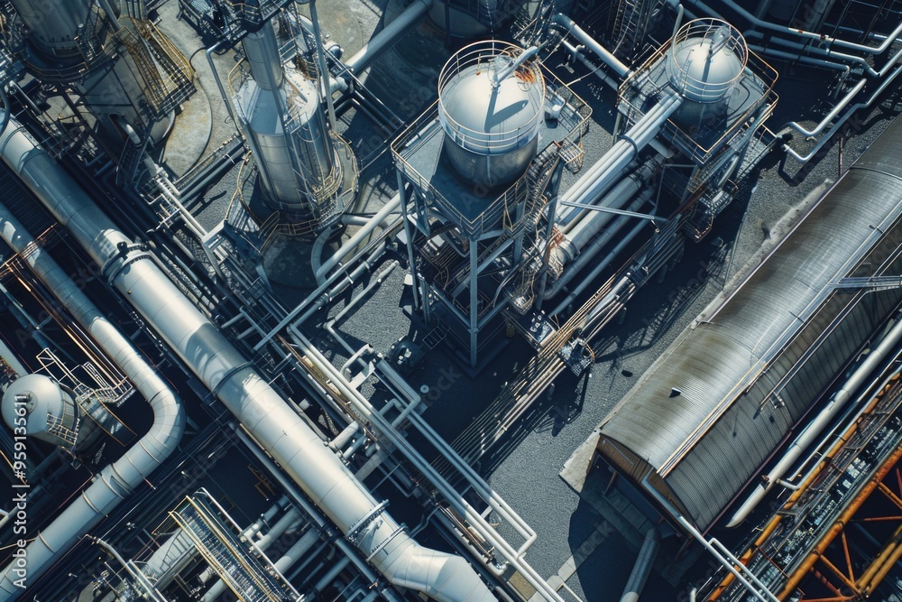 Aerial view of a large industrial plant with various structures and equipment, suitable for business or industry-related projects Aerial view of a large industrial plant with various structures and equipment, suitable for business or industry-related projects