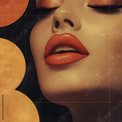 A woman with red lips is the main focus of the image. The woman is wearing red lipstick and has a relaxed expression on her face