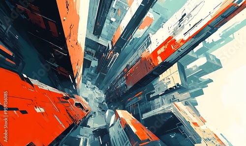 Abstract Digital Cityscape with Geometric Shapes and Bold Colors