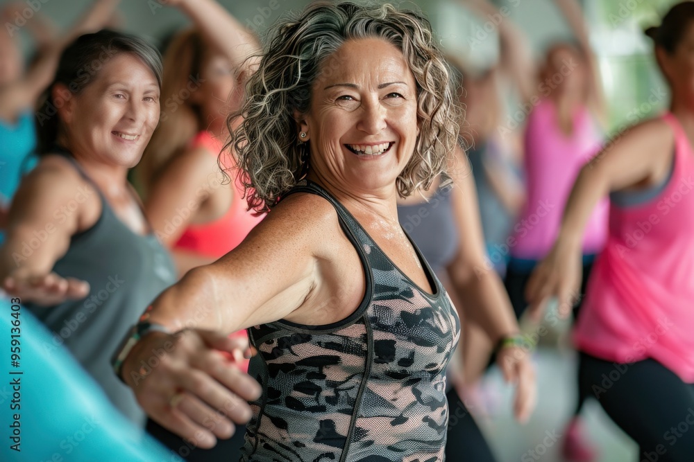 Fototapeta premium A group of women are smiling and laughing while exercising, generative ai image