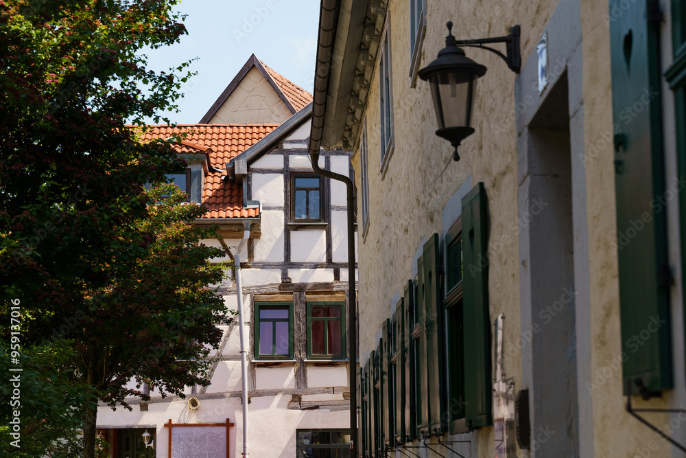 Fototapeta premium Historic architecture and charming streets of Waltershausen, Germany, showcasing half-timbered buildings and vibrant greenery in a sunny afternoon