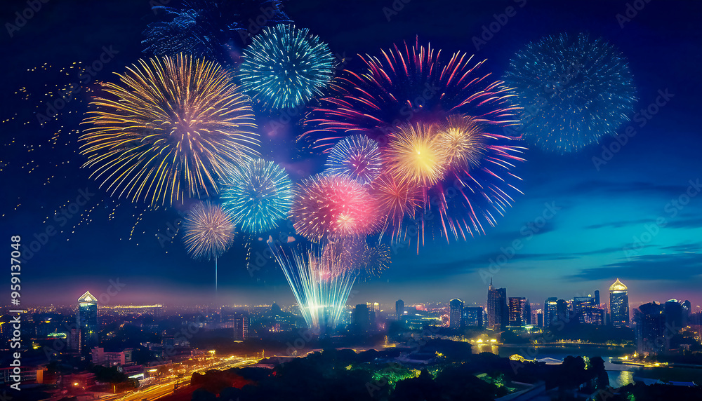 Beautiful colourful fireworks in the night dark sky, panoramic view Beautiful colourful fireworks in the night dark sky, panoramic view