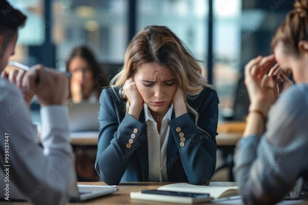 A woman sits at a table with her head in her hands, appearing troubled or distressed A woman sits at a table with her head in her hands, appearing troubled or distressed