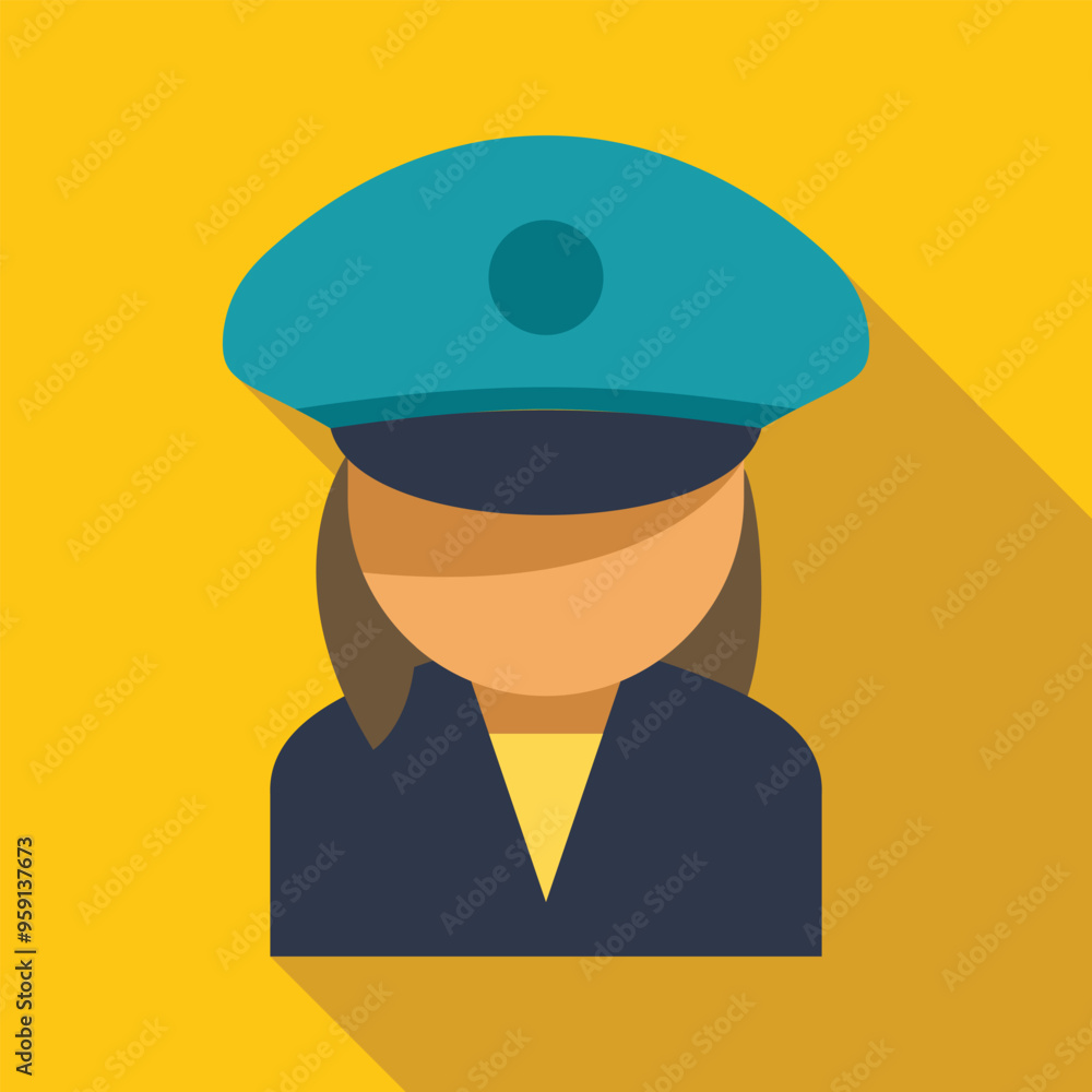 Faceless female police officer character wearing blue uniform and hat icon on yellow background Faceless female police officer character wearing blue uniform and hat icon on yellow background