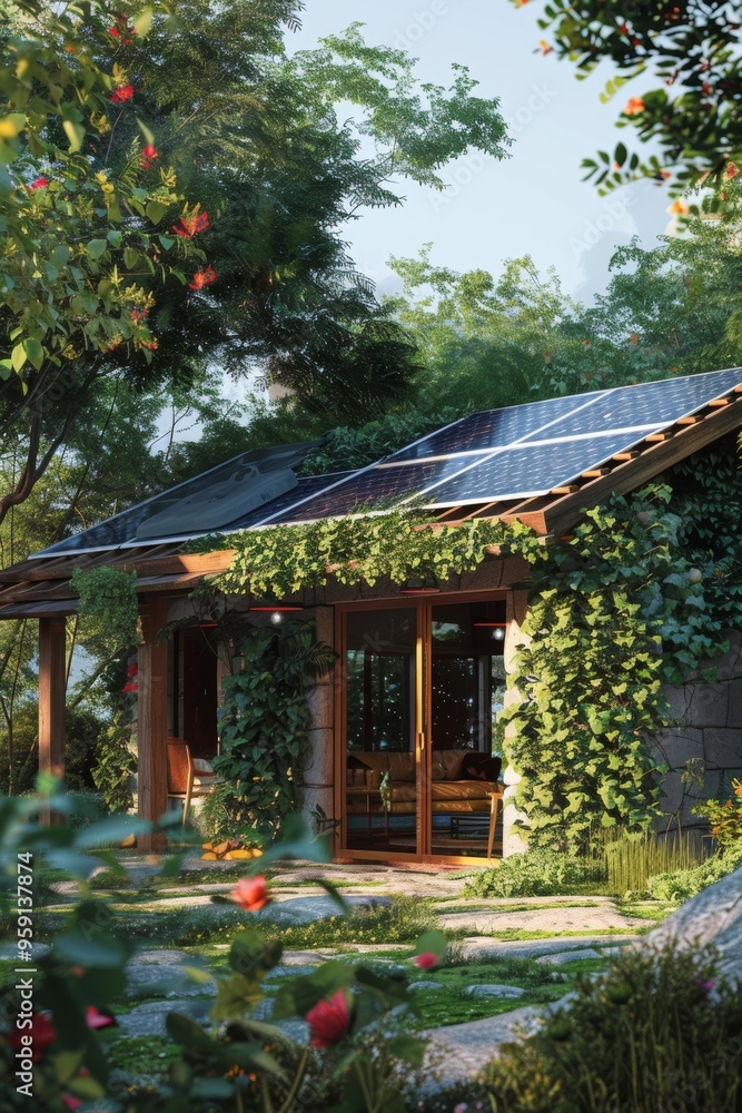Idyllic house with solar panels, surrounded by lush greenery sunlight, symbolizing sustainability Idyllic house with solar panels, surrounded by lush greenery sunlight, symbolizing sustainability