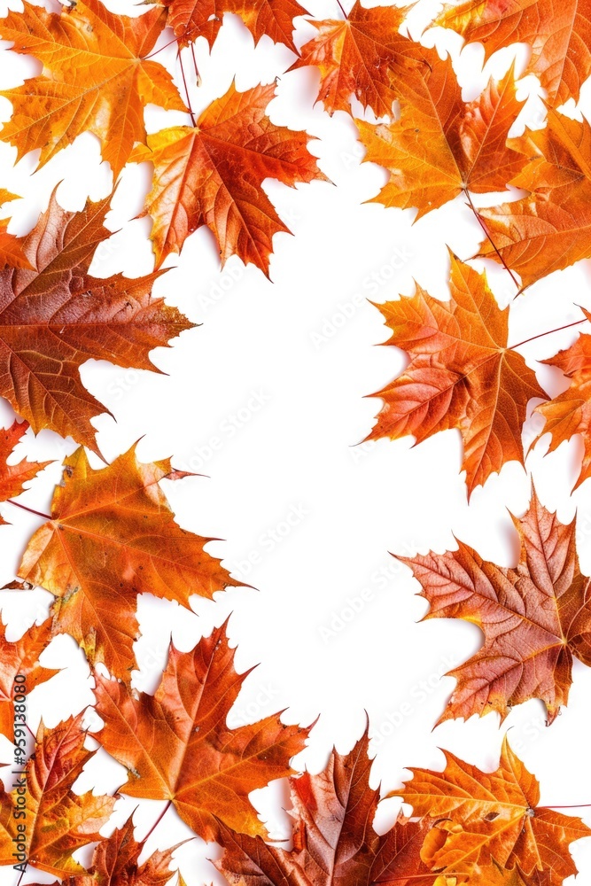 A collection of vibrant orange and red leaves arranged on a white surface A collection of vibrant orange and red leaves arranged on a white surface