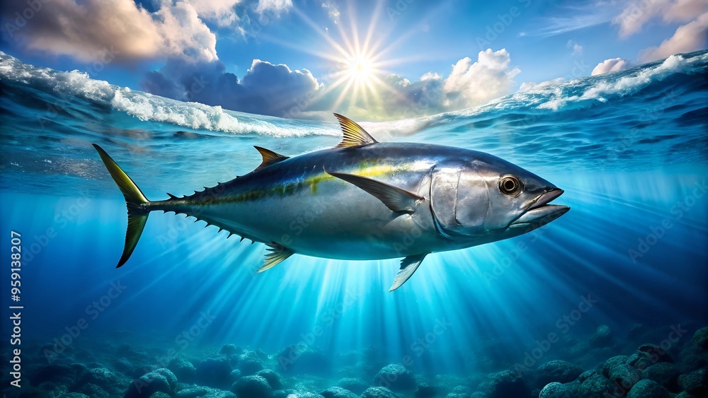 a tuna fish swimming swiftly through the sunlit ocean waters, showcasing its streamlined body and agility. a tuna fish swimming swiftly through the sunlit ocean waters, showcasing its streamlined body and agility.
