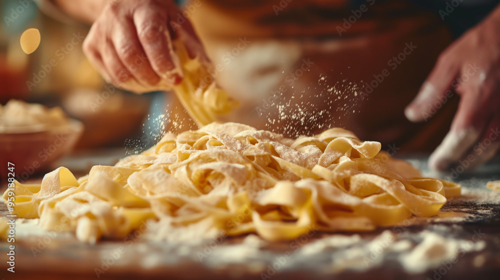 Hands making pappardelle pasta with flour on a wooden surface. Hands making pappardelle pasta with flour on a wooden surface.