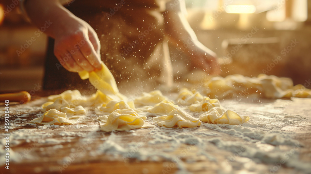 Hands making pappardelle pasta with flour on a wooden surface. Hands making pappardelle pasta with flour on a wooden surface.