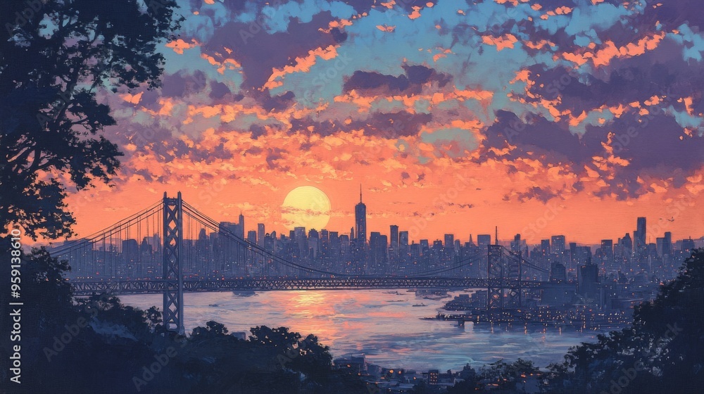 Fototapeta premium City Sunset Over Bridge and Skyline