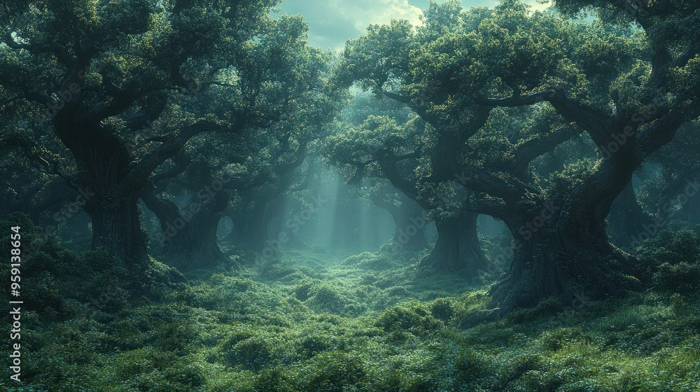 Fototapeta premium Sunbeams Through a Misty Forest Path