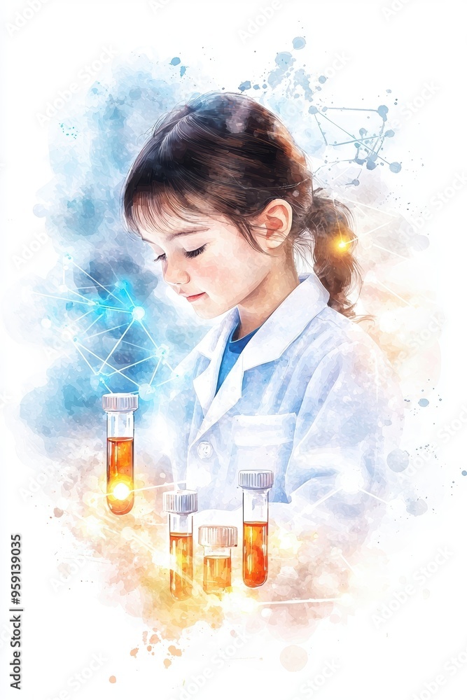 Little girl in lab coat, surrounded by glowing chemical vials, trendy lighting effects, Watercolor style Little girl in lab coat, surrounded by glowing chemical vials, trendy lighting effects, Watercolor style
