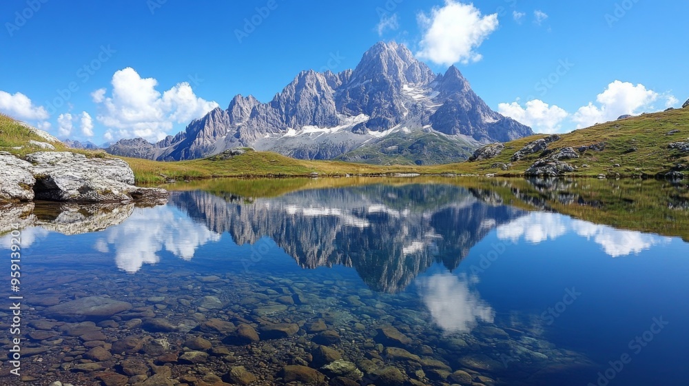 Majestic Mountain Reflected in Pristine Alpine Lake Majestic Mountain Reflected in Pristine Alpine Lake