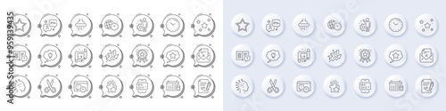 Instruction manual, Consumption growth and Time management line icons. White pin 3d buttons, chat bubbles icons. Pack of Stars, Cut, Project deadline icon. Vector