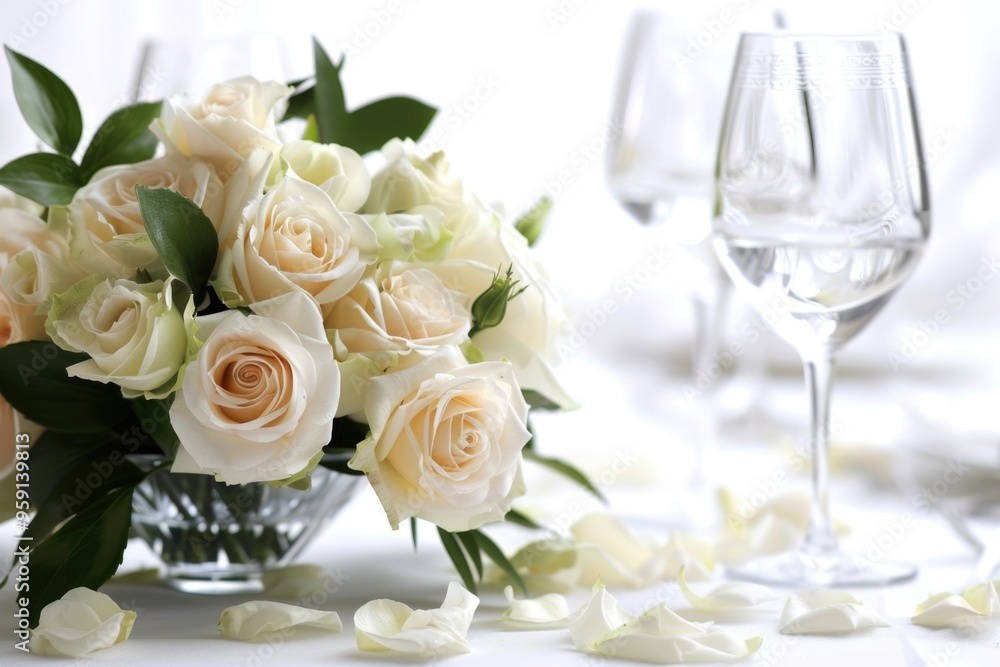 A beautiful arrangement of white roses next to a wine glass, perfect for romantic occasions or as a centerpiece A beautiful arrangement of white roses next to a wine glass, perfect for romantic occasions or as a centerpiece