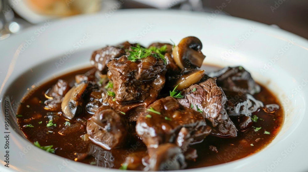 A savory and satisfying plate of beef bourguignon, with tender chunks of beef, mushrooms, and a rich, red wine sauce A savory and satisfying plate of beef bourguignon, with tender chunks of beef, mushrooms, and a rich, red wine sauce