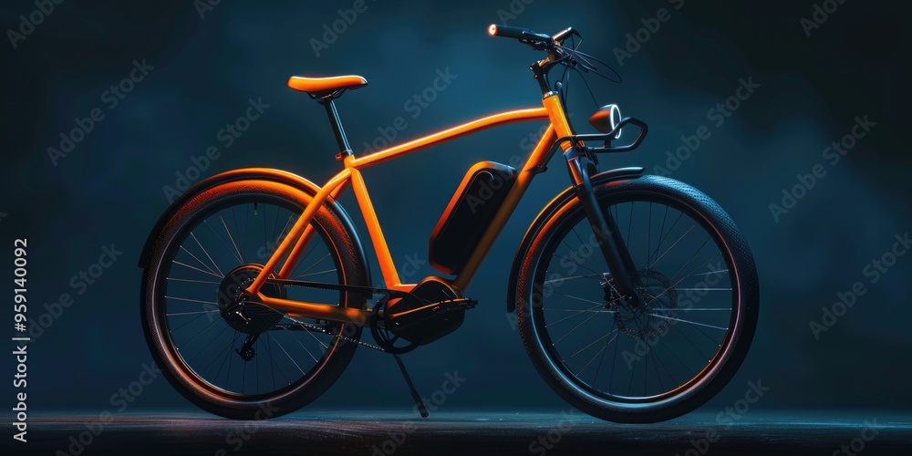 Fototapeta premium An orange electric bike stands out against a dark background, ready for a ride