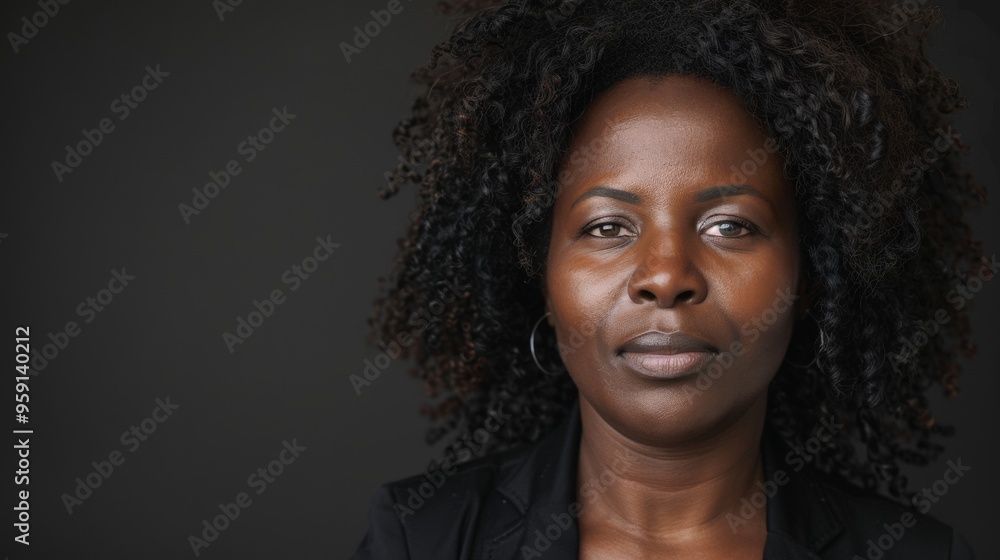 A woman stands poised with curly hair and a subtle expression, highlighting her confidence. The dark background emphasizes her features and presence A woman stands poised with curly hair and a subtle expression, highlighting her confidence. The dark background emphasizes her features and presence