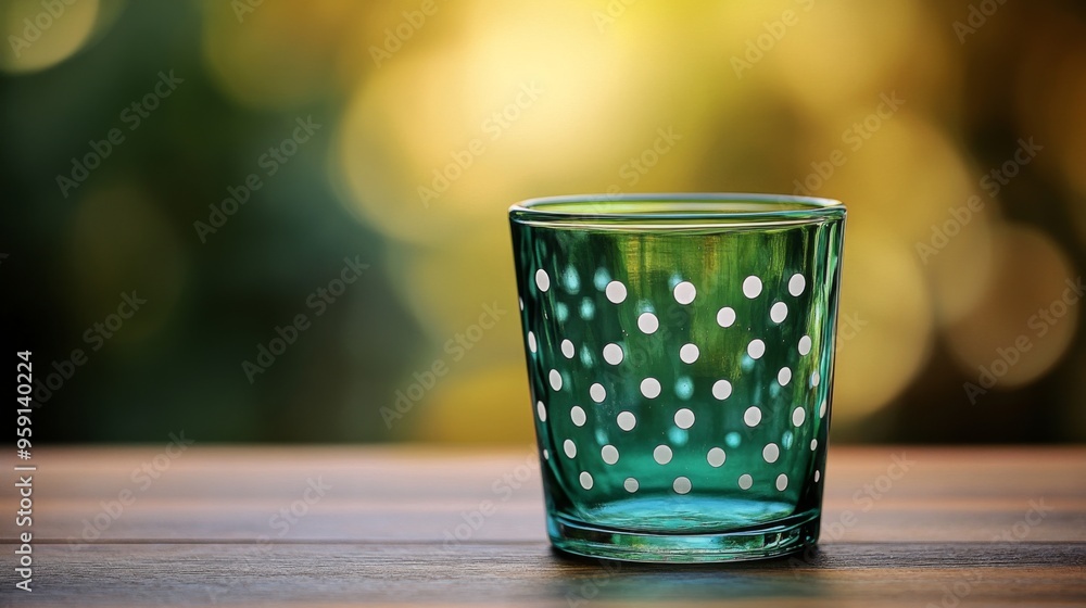 Polka Dot Green Glass on Wooden Table with Bokeh Background Polka Dot Green Glass on Wooden Table with Bokeh Background