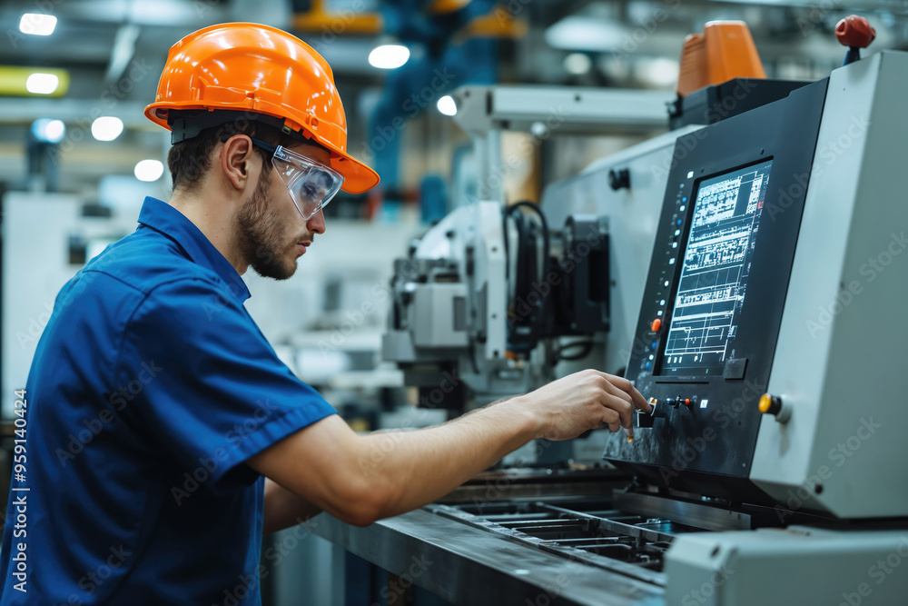 Factory worker operating machinery using control panel Factory worker operating machinery using control panel