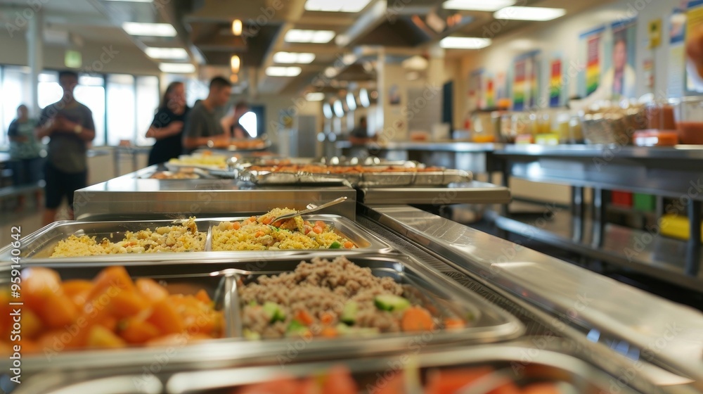 A school cafeteria with a variety of lunch trays on display. A school cafeteria with a variety of lunch trays on display.