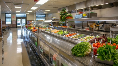 A school cafeteria with a salad bar and healthy food options.