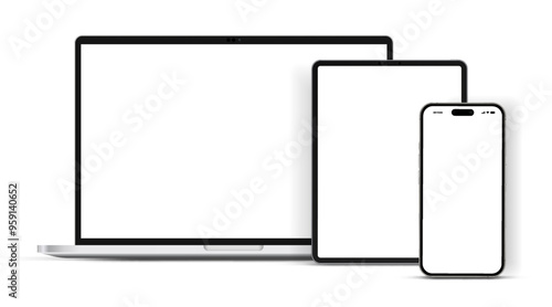 Modern laptop mockup front view and high quality smartphone and tablet mockup isolated on white background. Notebook mockup and phone device mockup for ui ux app and website presentation.Stock Vector.
