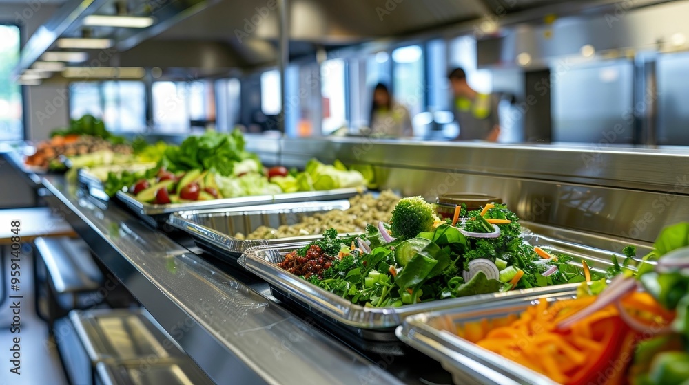 A school cafeteria with healthy lunch options displayed on trays. A school cafeteria with healthy lunch options displayed on trays.