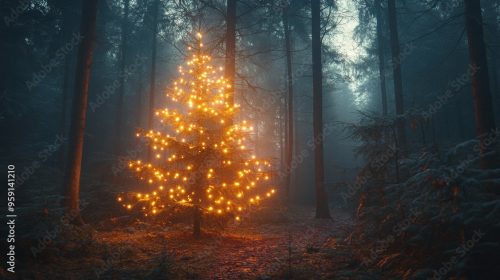 Obraz premium Enchanted Forest Christmas Tree Lit in Winter