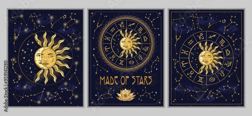 Poster with horoscope wheel with golden shiny zodiac signs, sun eclipse, zodiacal constellations. Eye of providence behind on background. Mystical astrological illustration in vintage style.