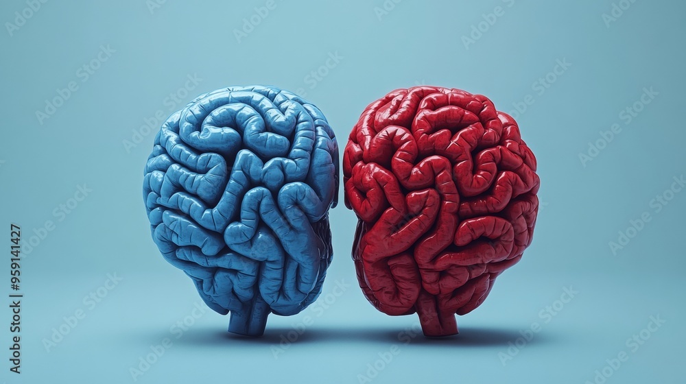 Two brains, one blue and one red, are shown side by side Two brains, one blue and one red, are shown side by side