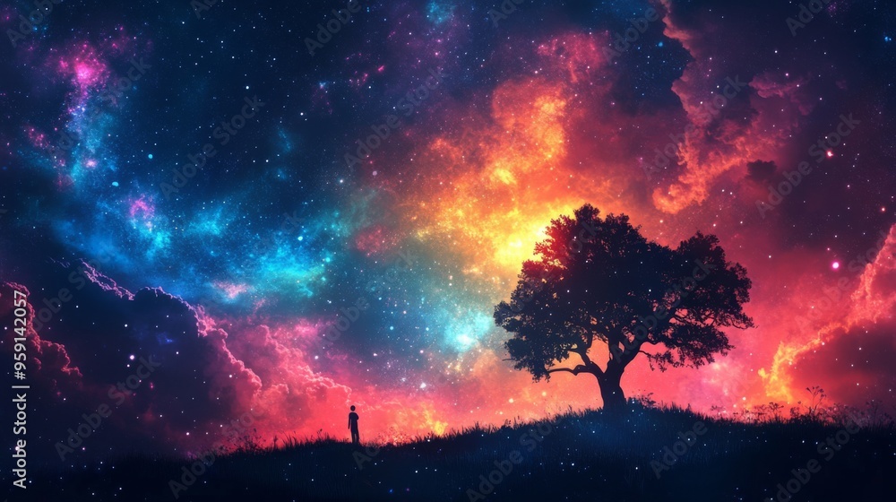 Person Stands Under Tree Against Stunning Cosmic Night Sky