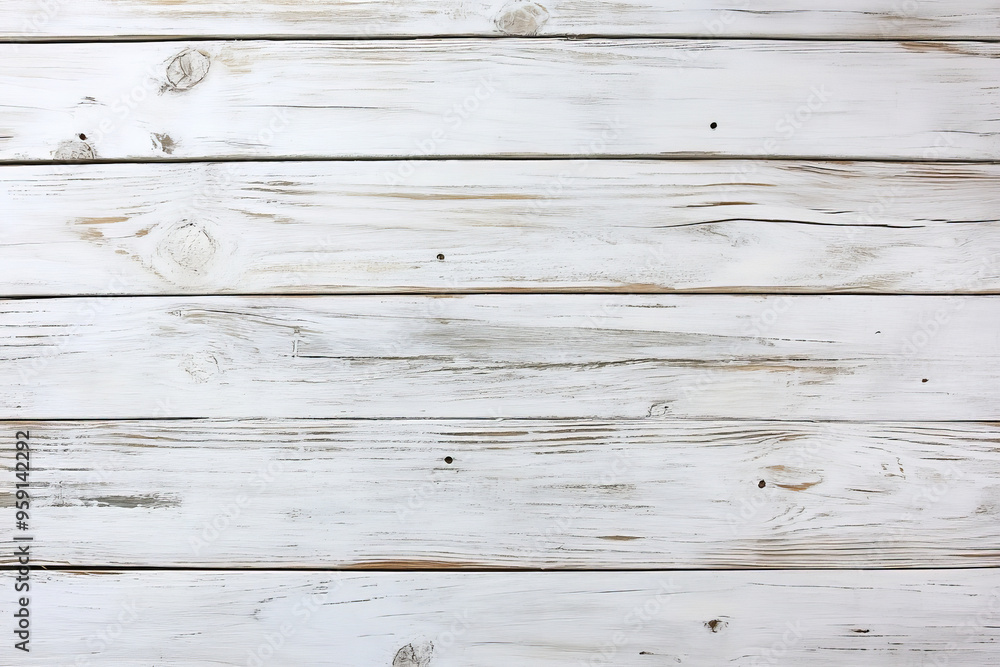 Fototapeta premium Whitewashed wooden backdrop featuring lightly painted planks with a rustic texture. The wood grain and knots are visible through the white paint, creating a soft, shabby-chic look perfect for a light,