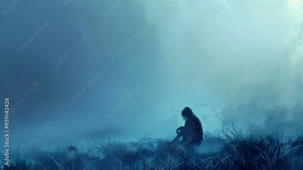 Fototapeta premium A lone figure sits in a misty field, shrouded in a blue ethereal light.