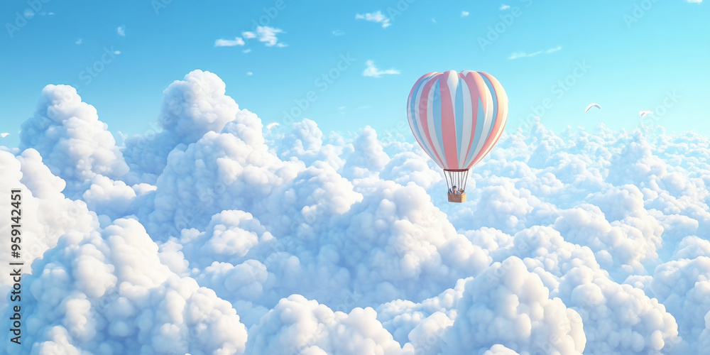 Fototapeta premium A 3D cartoon-style cloudscape with fluffy white clouds floating in a bright blue sky, and a small, colorful hot air balloon drifting lazily by. The scene is peaceful and serene, with soft, gentle