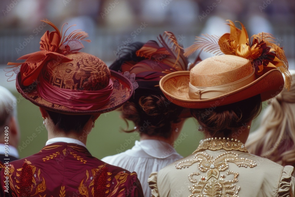 Fototapeta premium Group of stylish women wearing elaborate hats, posed together