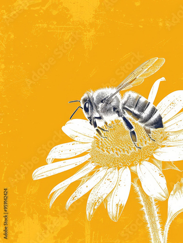 A minimalist white line sketch of a bee buzzing around a flower, placed against a vibrant sunflower yellow background with a slight, pollen-like texture. The delicate lines of the bee create a lively