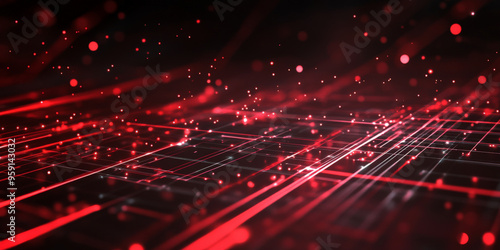 A high-tech abstract background with intersecting digital grids and light trails in bright red and dark grey. The design creates a dynamic, energetic visual with a futuristic feel.