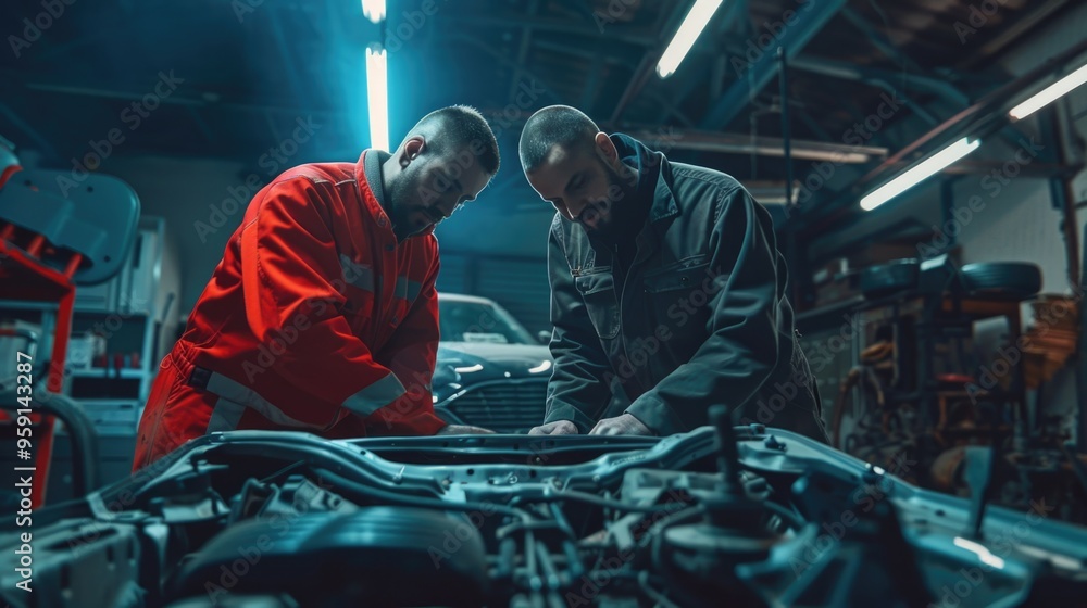 Men repairing a vehicle in a garage, one with tools and the other with a manual Men repairing a vehicle in a garage, one with tools and the other with a manual