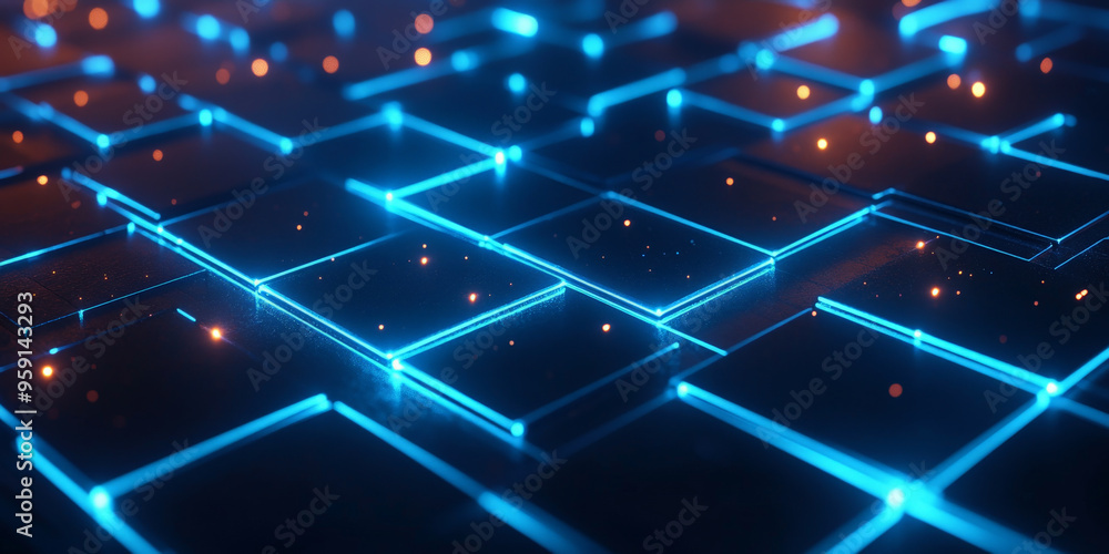 Obraz premium Sleek modern web design backdrop featuring a dark, matte background with glowing, neon blue lines forming an abstract grid. The design is futuristic and dynamic, ideal for tech-related content.