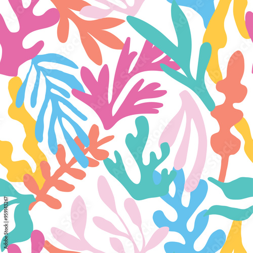 bright seaweed seamless pattern hand drawn vector in bright colourful colours. Hand drawn sketchy doodle. coral, kelp, reef, plant, marine, nautical, summer design for fashion, swimwear, nightwear