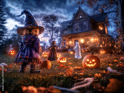 Children in Halloween Costumes in Front of a Spooky Decorated House