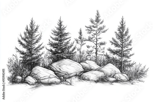 Line art illustration of pine trees and rocks created in pencil showcasing a hand drawn depiction of untamed nature photo