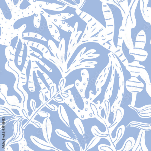 Seaweed seamless pattern hand drawn vector coral,  reef, kelp, plants, sea, marine botanical texture, girly artwork for fashion, swimwear, kids, teens, girls, stationary and paper. Fun and cute blue