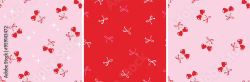Red cherry with bows seamless pattern. heart shaped cherries with polka dots. Cute, pretty girly vector doodle illustration with sparkles. Valentines day, romance, romantic art for fashion