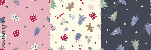 Cute Christmas seamless pattern with gingerbread man, Christmas tree, holly, stars, snowflakes, candy cane, element, vector, background, paper, fashion, stationary, winter, doodle. Fun Vector icons 