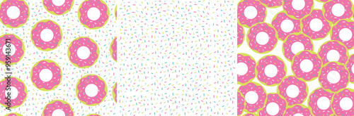 Cute seamless donut pattern with sprinkles. Bright fun colourful illustration. Doodle style vector hand drawn. Pink, cute, girly, sweet art. For girls, teens, fashion, nightwear, paper, and stationary