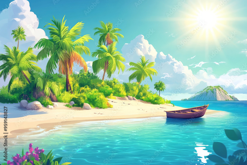 Naklejka premium A colorful cartoon landscape featuring a tropical island with lush palm trees, sandy beaches, and crystal-clear waters. A small boat is anchored near the shore, and the sun shines brightly in a