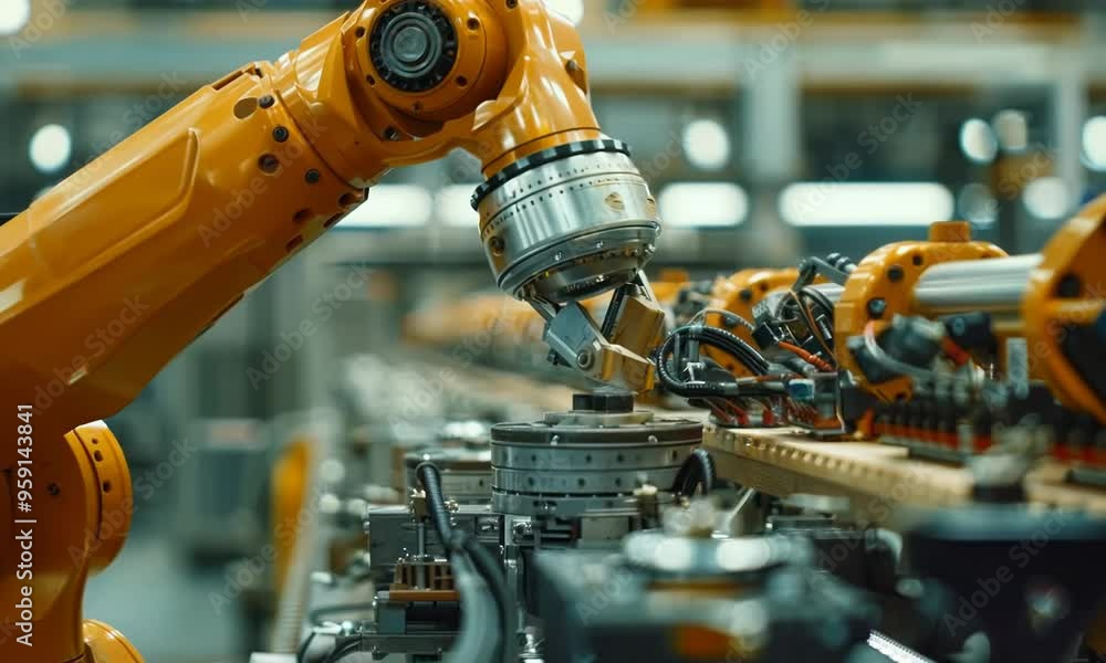 A robot arm assembling a complex piece of machinery, its movements precise and efficient. Video A robot arm assembling a complex piece of machinery, its movements precise and efficient. Video