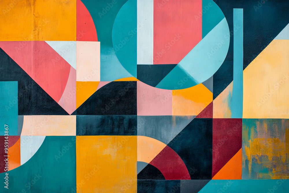 Obraz premium A modern trendy abstract design with bold geometric shapes in vibrant colors like teal, coral, and mustard. The composition is dynamic with overlapping elements and sharp angles, creating a sense of